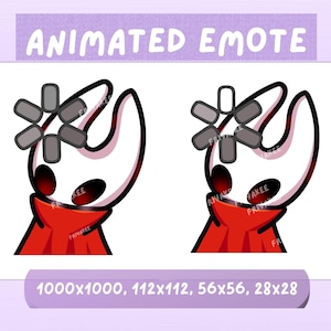 May include: Animated emote featuring a stylized character with a white head, red cape, and a gray, star-shaped accessory. The character has black eyes and a red mouth. The text "ANIMATED EMOTE" is at the top, with resolution sizes at the bottom.