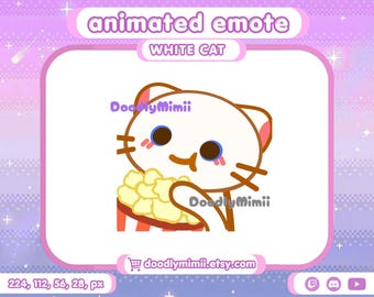 Animated Popcorn White Cat Emote – Twitch Discord YouTube (Digital Download GIF)