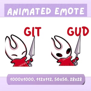 Puede incluir: Emoticón animado con un personaje con cabeza blanca, capa roja y espada plateada. La palabra "GIT" está en rojo encima del personaje, y "GUD" está encima del personaje en la otra imagen. La imagen está sobre un fondo blanco.