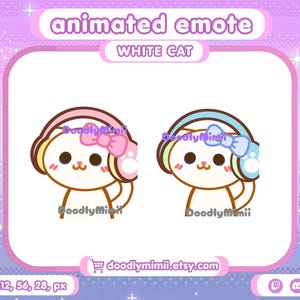Può includere: Emote animata con un gatto bianco con cuffie e fiocco. Un gatto ha fiocco e cuffie rosa, l'altro blu. Il testo dice "emote animata" e "WHITE CAT". È incluso anche il nome del negozio Etsy. Sfondo pastello.