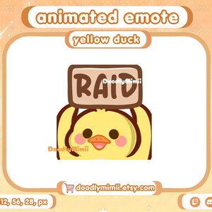 May include: A digital illustration of a yellow duck with pink cheeks holding a brown sign above its head that says RAID in dark brown letters. The duck has a small orange beak and black eyes, presented as a graphic emote on a light background.