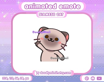 Siamese Cat Waving Animated GIF Emote | Kawaii Hello Streamer Twitch Discord Kick YouTube