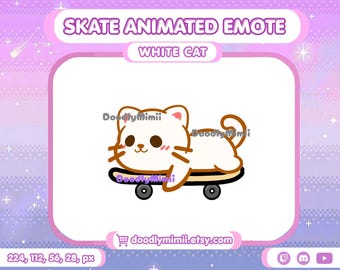 Animated Bored White Cat Skateboard Emote: Twitch Discord Kick GIF (Digital Download)