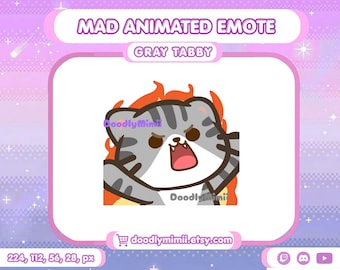Animated Gray Tabby Cat Mad Emote: Twitch Discord Kick GIF (Digital Download)