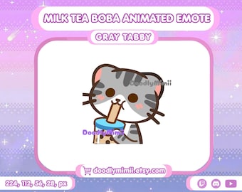 Animated Gray Tabby Cat Boba Emote: Kawaii Streamer GIF (Digital Download)