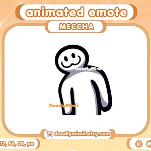 Puede incluir: Un emote animado que presenta un personaje blanco y redondeado con un contorno negro grueso y una sonrisa amplia y curva. El personaje se sitúa sobre un fondo naranja claro con el texto animated emote, MECCHA y doodlymimii.etsy.com.