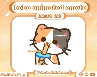 Animated Calico Cat Boba Milk Tea Emote: Twitch Discord Kick GIF (Digital Download)