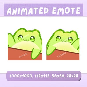 May include: Two animated emotes featuring a green frog with large, sparkling eyes and a friendly expression. The frog is peeking over a red box. The text "ANIMATED EMOTE" is at the top, and the sizes are listed at the bottom.