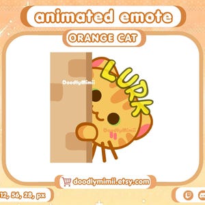 Puede incluir: Un emote animado con un gato naranja asomándose por detrás de una pared marrón. El gato tiene una burbuja de texto amarilla que dice "LURK". El texto "animated emote" y "ORANGE CAT" están en la parte superior. El nombre de la tienda Etsy "doodlymimii.etsy.com" está en la parte inferior.