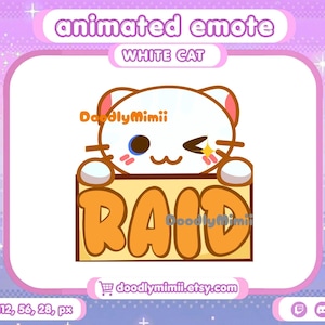 May include: An animated emote featuring a white cat winking and holding a sign that says "RAID" in orange letters. The image has a pink and purple background with the text "animated emote" and "WHITE CAT". The Etsy shop name "DoodlyMimii" is also visible.