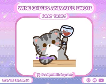 Animated Gray Tabby Cat Wine Cheers Emote: Twitch Discord Kick GIF (Digital Download)