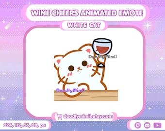 Animated White Cat Wine Cheers Emote: Twitch Discord Kick GIF (Digital Download)