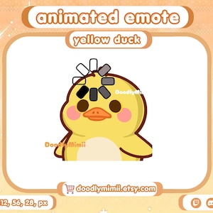 May include: An animated emote of a yellow duck with brown eyes and pink cheeks. A circular loading icon with gray and black segments sits on top of the duck's head. The text "animated emote" and "yellow duck" appear above, with "doodlymimii.etsy.com" below.