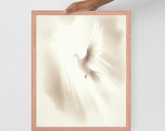 May include: A framed print featuring a white dove in flight, illuminated by radiant light. The artwork has a sepia tone, with the dove's wings spread against a backdrop of soft clouds and beams of light. The frame is a light wood color.