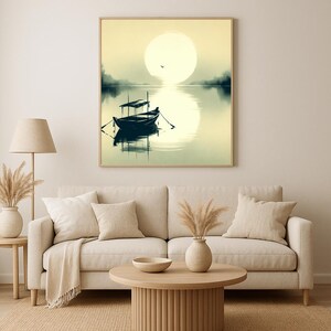 May include: A framed art print depicts a serene lake scene. A small boat with a canopy floats on the water, reflecting the large, bright sun. The artwork is in shades of blue, green, and yellow, creating a calming atmosphere.