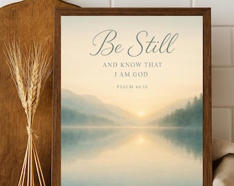 May include: A framed print with the words "Be Still" and a Bible verse over a serene landscape of a lake and mountains. The print is in a dark brown wooden frame. A bundle of wheat and a wooden cutting board are next to the frame.