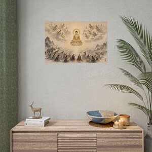 Buddha & All Beings Horizontal Wall Art | Sumi-e Ink Painting | Heaven Earth Realms Devas Cosmic Buddhist Print | Wide Temple Wall Art