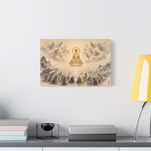 Buddha and All Beings Wall Art | Heaven Earth Realms Sumi-e Ink | Cosmic Devas Zen Buddhist Print | Poster & Canvas | Wide Temple Decor