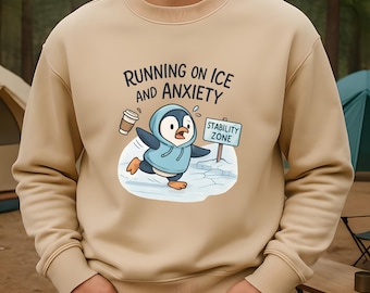 Running On Ice Penguin T-Shirt: Funny Anxiety Tee for Penguin Lovers