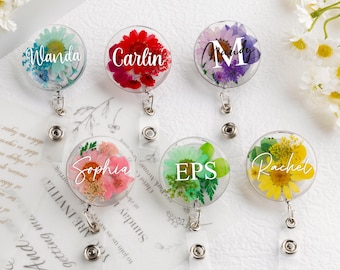 Personalized Pressed Flower Badge Reel, Custom Floral Name Badge