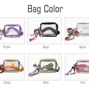 May include: A collection of clear, rectangular crossbody bags in various colors: purple, black, white, yellow, mint, and pink. Each bag has a matching strap and a decorative scarf tied to the handle. The text "Bag Color" is at the top.