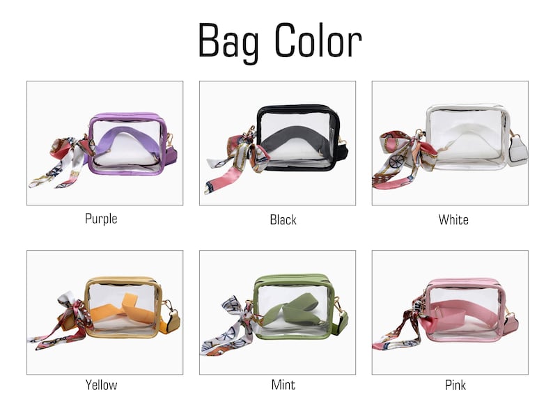 May include: A collection of clear, rectangular crossbody bags in various colors: purple, black, white, yellow, mint, and pink. Each bag has a matching strap and a decorative scarf tied to the handle. The text "Bag Color" is at the top.
