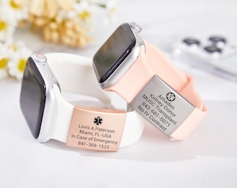 Custom Medical Alert Tag,Allergy and Emergency Information,Apple Watch Medical ID Tag,Engraved Silver Stainless Steel,Apple Medical Band