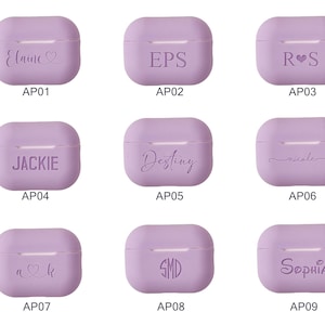 May include: Nine purple AirPod cases with different names and designs engraved on them. The names include Elaine, EPS, ROS, JACKIE, Destiny, nicola, a heart with k, SMD, and SOPHIA.