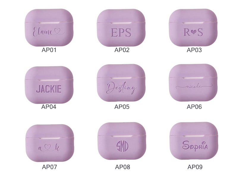 May include: Nine purple AirPod cases with different names and designs engraved on them. The names include Elaine, EPS, ROS, JACKIE, Destiny, nicola, a heart with k, SMD, and SOPHIA.