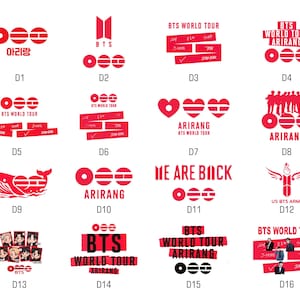 May include: A collection of red and white BTS-themed logos and graphics. The designs include text such as "BTS World Tour," "Arirang," and "US BTS ARMY." Some logos feature stylized shapes and images.