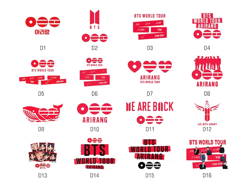 May include: A collection of red and white BTS-themed logos and graphics. The designs include text such as "BTS World Tour," "Arirang," and "US BTS ARMY." Some logos feature stylized shapes and images.