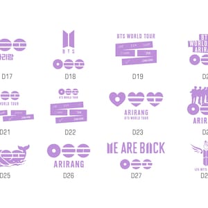 May include: A collection of light purple graphic designs featuring text and symbols. Designs include the BTS logo, text that says "BTS WORLD TOUR", and the words "ARIRANG" and "WE ARE BACK".