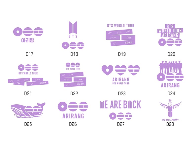May include: A collection of light purple graphic designs featuring text and symbols. Designs include the BTS logo, text that says "BTS WORLD TOUR", and the words "ARIRANG" and "WE ARE BACK".