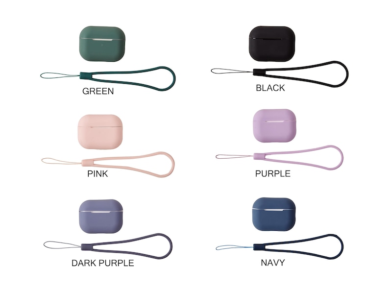 May include: AirPods case covers in various colors, including green, black, pink, purple, dark purple, and navy. Each case comes with a matching lanyard.