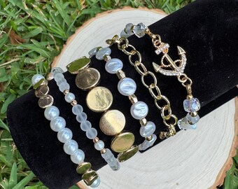 Pearl and Gold Bracelet Set: Anchor Charm, Crystal Beads, Handmade