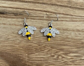 Sterling Silver Bumble Bee Earrings, Rhinestone Wings