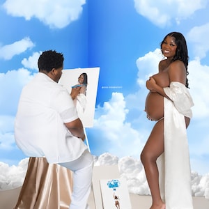 May include: A person expecting a baby poses for a portrait, with an artist painting the scene. The backdrop is a sky with clouds. The person is draped in a white satin wrap. The text "@JUS EYEDENTIFY" is visible.