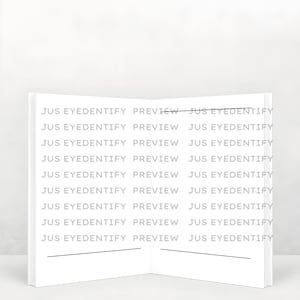 以下が含まれることがあります： 白い小冊子。ページ全体に「JUS EYEDENTIFY PREVIEW」のテキストが繰り返されています。開いた状態で、内側の2ページには水平線があります。背景は無地の白です。