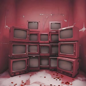 May include: A collection of vintage red televisions stacked in a room. The TVs are arranged in a grid, with some stacked on top of each other. The room is painted red, and the floor is covered with red petals.