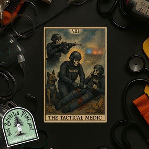 May include: A tarot card illustration titled "The Tactical Medic" depicts skeleton figures in police and paramedic uniforms. The card features a dog, a police officer aiming a rifle, and a paramedic tending to a wounded officer. The card is surrounded by medical equipment.