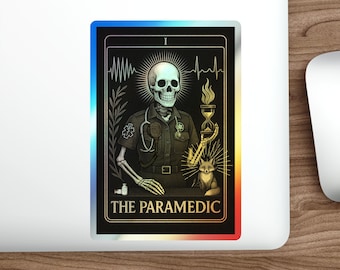 Pegatina holográfica de tarot "El Paramédico" con esqueleto para emergencias médicas / Vinilo troquelado único para socorristas, regalos para emergencias médicas, cartas del tarot, paramédicos, EMT