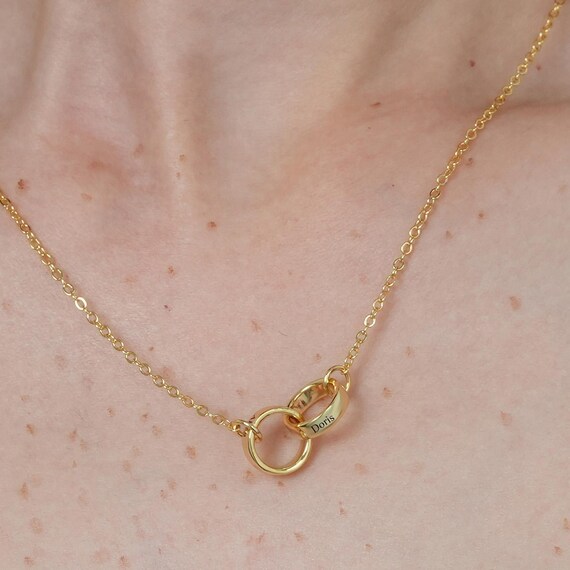 Personalized Sterling Silver 2 Interlocking Circles Name Necklace - Custom Ring Pendant Jewelry Gift for Couples or Loved Ones