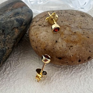Mini Birthstone Stud Earrings: Round Bezel Set Zircon Earrings, Minimalist Earrings, Personalized Gift for Mom