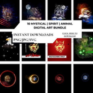 Mystical Spirit Animal Digital Art Bundle | PNG JPG SVG | Spirit Animal Clipart | Digital Prints for Wall Art, T-Shirts & Crafts