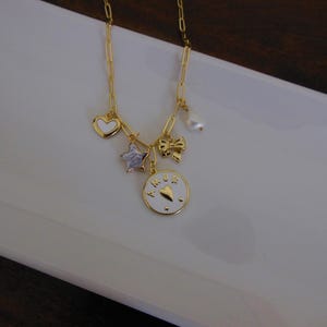 Amor Gold Charm Necklace with Pearl Accent, 17&quot; Length, Elegant Gift for Her