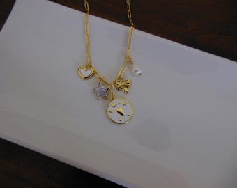 Amor Gold Charm Necklace with Pearl Accent, 17" Length, Elegant Gift for Her