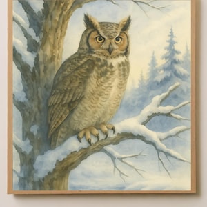 Impresión de acuarela de búho invernal: arte vintage de vida silvestre, decoración de pared de bosque nevado, impresiones del norte de Montana