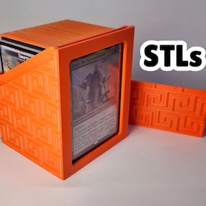 May include: Bright orange card storage box with a geometric pattern and the text "STLs". The box is designed to hold trading cards, with a visible card in the front. The box is made of a 3D printed material.