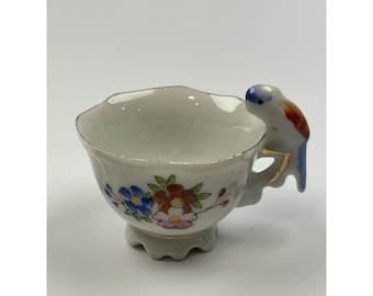 MINIATURE Teacup Colorful Bird Parrot Roses Handpainted in Japan 2" Tall Vintag