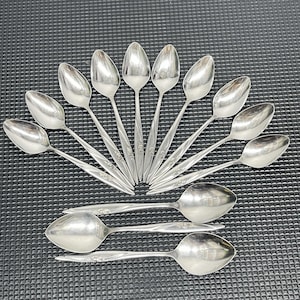 May include: A collection of silver spoons displayed on a dark surface. The spoons feature a traditional design with a floral pattern on the handles. The spoons are arranged in a fan shape, with the bowls facing outwards.